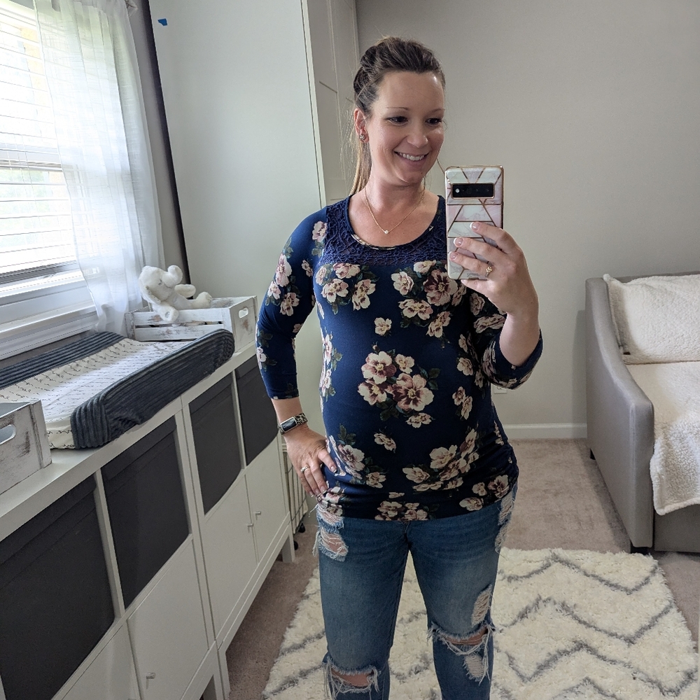 Floral blue maternity lace top